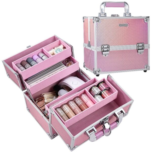 4 Trays Makeup Train Case Cosmetic Storage with Dividers Lockable Jewelry Makeup Box Organizer Pink