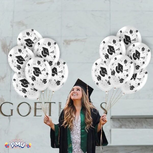 PMU Graduation Balloons 11 Inch PartyTex Premium Emerald Green with All-Over Print White Grad Caps-Confetti and Streamers Pkg/100