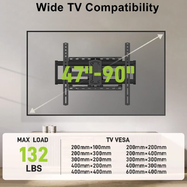 Full Motion TV Wall Mount for 47-90 inch TVs Swivels Tilts Extension Rotation Holds up to 132lbs Max VESA 600x400mm, Fit 16