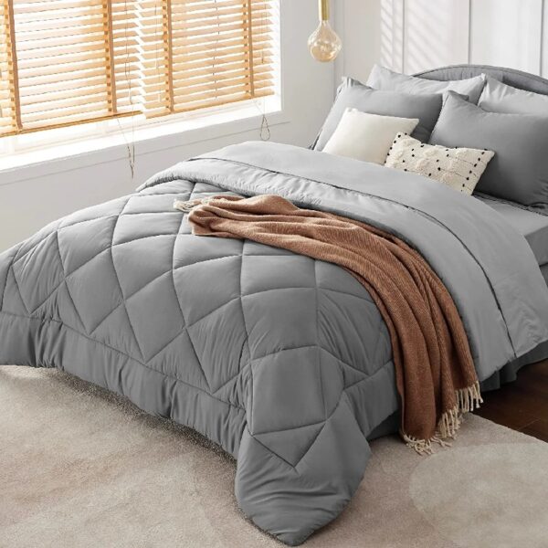 Light Purple Queen Comforter Set - 7 Pieces Reversible Queen Bed in a Bag, Queen Bed Set Light Purple and Grey with Comforters, Sheets, Pillowcases & Shams