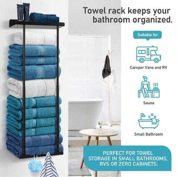 Livhil Wall Towel Rack for Rolled Towels, New Upgrade Towel Racks for Bathroom Wall Mounted, Bathroom Bar Towel Storage, Metal Bath Towel Holder for Folded Large Towel Washcloths, Black