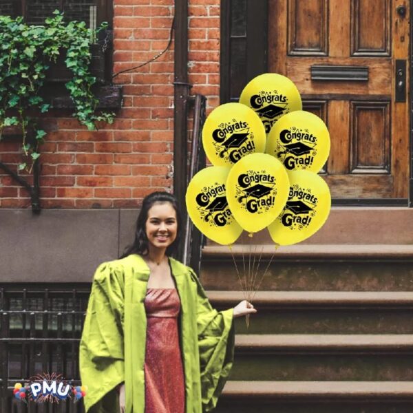 PMU Graduation Balloons 11 Inch PartyTex Premium Emerald Green with All-Over Print White Grad Caps-Confetti and Streamers Pkg/100
