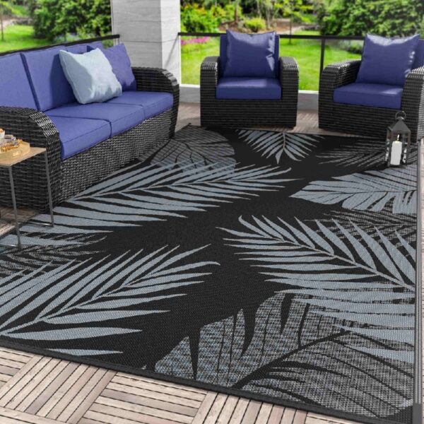 6'x9' Outdoor Rugs Patio Waterproof Outside Mat Reversible Plastic Camping Carpet,Black & Grey