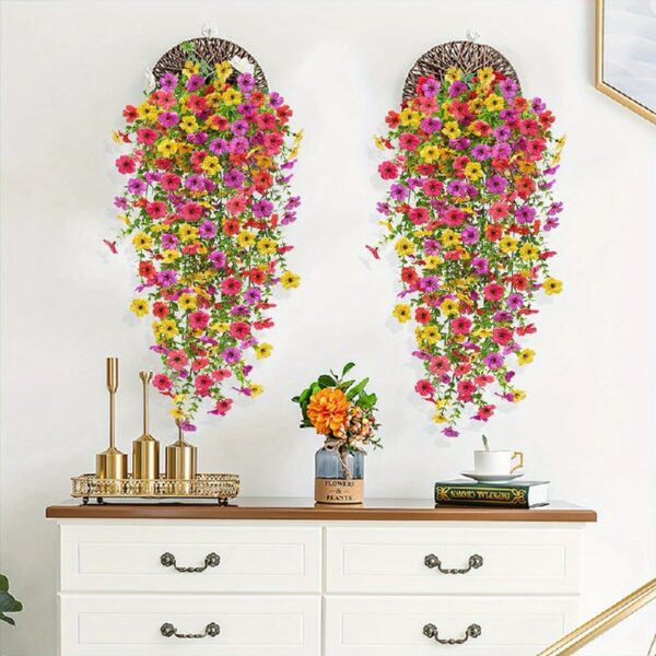 4PCS Artificial Flowers outdoor Spring Summer Decor Fake Hanging Plants UV Resistant Faux Plastic Greenery Hanging Flowers for Outside Gardens Porch Wall Home Indoor,ORANGE&YELLOW