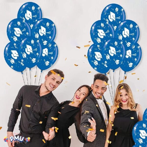PMU Graduation Balloons 11 Inch PartyTex Premium Emerald Green with All-Over Print White Grad Caps-Confetti and Streamers Pkg/100