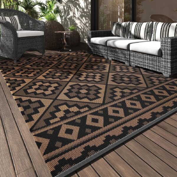 Outdoor Rug 5'x8' Waterproof Reversible Patio Rug Modern Lightweight Plastic Straw Indoor Outdoor Rug for RV Camping Deck Balcony Porch Boho Patio Decor Outdoor Carpet Brown and Beige