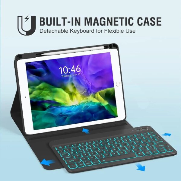 Keyboard Case for iPad 9th/8th/7th Gen 10.2 inch, iPad Air 3rd, Pro 10.5 - Colorful Backlite Keyboard, 360 Rotatable Detachable Magnetic Protective Cover, Pencil Holder, Auto Sleep/Wake