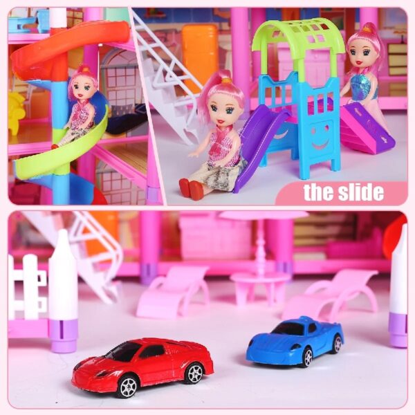 DollHouse with Colorful Light, Pretend Play Toddler Doll House Furniture Sets with 3 Dolls, 9 Rooms DIY , Creative Gift for Girls