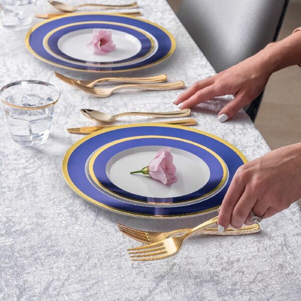 Blue and Gold Rim Plastic Dinnerware (200-Piece) Plastic Plates, Cutlery, Cups and Napkins - Service for 25 Guests Place Setting for Wedding, Party, Shower, Birthday, Holiday