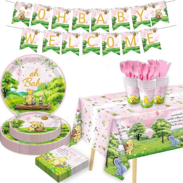 178pcs Pink Winnie Bear Baby Shower Pooh Party Supplies Decorations Oh Baby Plates and Napkins Tableware Set for Boys Girls Newborn Kids Cups Tablecloth Banner Birthday Decorations for 25 Guests