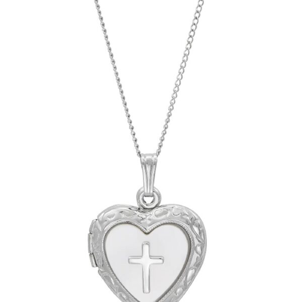 Brilliance Fine Jewelry Mother of Pearl with Cross Locket Heart Pendant in Sterling Silver, 18