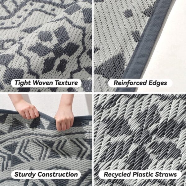 Outdoor Rugs 5' x 8' Rug, Waterproof Patio Mat, Stylish Plastic Straw Reversible Area Rug for Picnic RV Camping Porch Balcony, Black and White