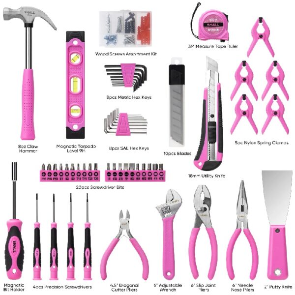 Pink Tool Set for Women, 166pcs Home Tool Kit with 12