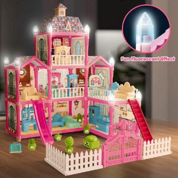 Girls Dollhouse with Slide, Pink, 16.7''