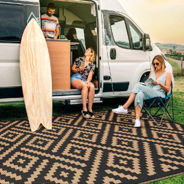 Outdoor Rugs Waterproof Plastic Straw Mat 6'x9' Reversible for RV Patio Deck Beach Black & Brown