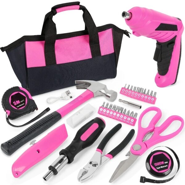 41-Piece Pink Tool Kit for Women - Lady’s Tool Set with Rechargeable 3.6V Electric Screwdriver & Wide-Access Tool Bag, Ideal for Home DIY and Daily Maintenance