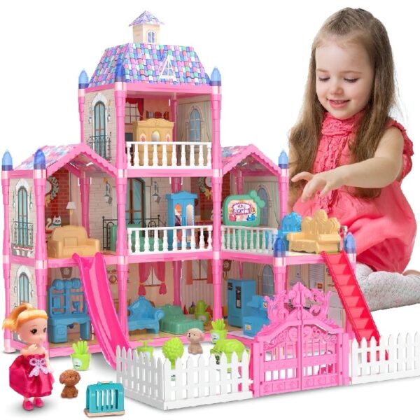 Girls Dollhouse with Slide, Pink, 16.7''