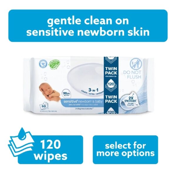 Sensitive+ Newborn & Baby Wipes, 3-In-1 Cleans, Cares, Protects, 99.9% Water, Unscented & Hypoallergenic, 9 Packs (540 Wipes)