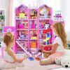 DollHouse with Colorful Light, Pretend Play Toddler Doll House Furniture Sets with 3 Dolls, 9 Rooms DIY , Creative Gift for Girls