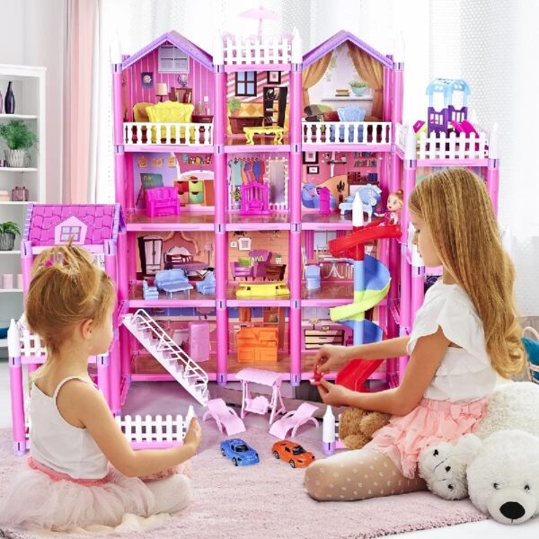 DollHouse with Colorful Light, Pretend Play Toddler Doll House Furniture Sets with 3 Dolls, 9 Rooms DIY , Creative Gift for Girls