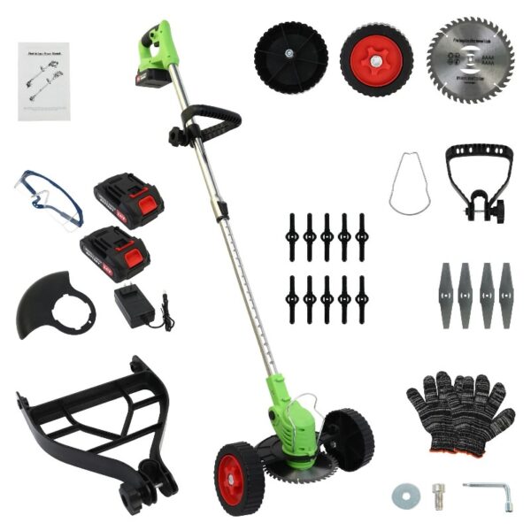 Cordless Weed Eaters, Battery Operated Weed Wacker, Weed Trimmer with 2 Batteries, Electric Grass Trimmer, Electric Edger for Lawns, 24V 650W Grass Cutting Machine, Green