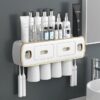 Magnetic Adsorption Inverted Toothbrush Holder Wall-Mounted Bathroom Storage Shelf Toothpaste Dispenser Bathroom Accessories (Green 2Cups)
