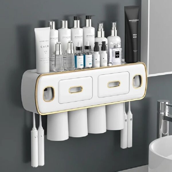 Magnetic Adsorption Inverted Toothbrush Holder Wall-Mounted Bathroom Storage Shelf Toothpaste Dispenser Bathroom Accessories (Green 2Cups)