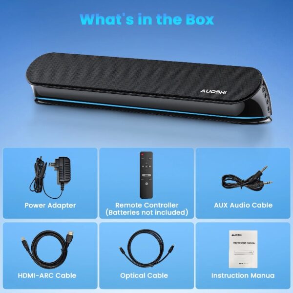 2.1ch Small Sound Bar for TV, 60W Bluetooth Soundbar with Subwoofer, 5 EQ Modes, HDMI ARC/Optical/AUX/USB, Home Theater Surround Sound System, Wall Mountable, Remote Control, 16.5 inch
