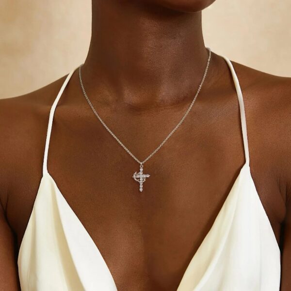 925 Sterling Silver Crown Cross Necklace for Women Teens, Dainty Cubic Zirconia Pendant Simple Faith Cross Jewelry Necklace