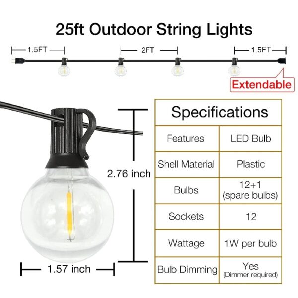 DAYBETTER Outdoor String Lights,100ft,with 50 G40 Edison Vintage Bulbs,Waterproof for Patio Garden Gazebo Bistro Cafe Backyard