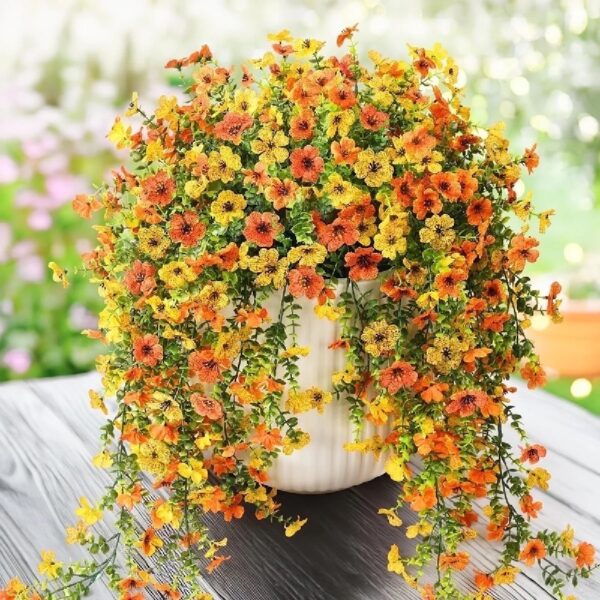 4PCS Artificial Flowers outdoor Spring Summer Decor Fake Hanging Plants UV Resistant Faux Plastic Greenery Hanging Flowers for Outside Gardens Porch Wall Home Indoor,ORANGE&YELLOW