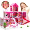 DollHouse with Colorful Light, Pretend Play Toddler Doll House Furniture Sets with 3 Dolls, 9 Rooms DIY , Creative Gift for Girls