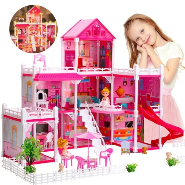 DollHouse with Colorful Light, Pretend Play Toddler Doll House Furniture Sets with 3 Dolls, 9 Rooms DIY , Creative Gift for Girls