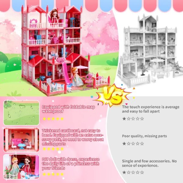 Play Dollhouse with Doll Toy Figures, 14 Rooms Furniture and Colorful Lights, Creative Doll House Gift for Girls Ages 3+, Assemble Required, Pink