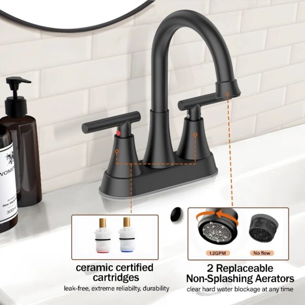 Bathroom Faucets 4 Inch Matte Black Bathroom Sink Faucet, Stainless Steel Lead-Free 2-Handle Centerset Faucet with Pop-up Drain and 2 Supply Hoses Fits 2 or 3-hole Sink