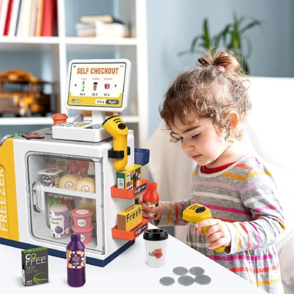 46PCS Upgraded Cash Register Playset for Kids, Cashier Register Toy, Kids Pretend Play Cash Register Toys with Scanner, Shopping Cart, Calculator, Play Food, Toys for Girls 3 6 Years-Green