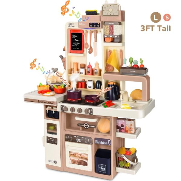 Play Kitchen Set for Kids, 2.1FT Tall Toy Play Kitchen w/ Realistic Lights Sounds Simulation Spray for Toddlers Girls Boys Gift 42Pcs - Small (Orange Red 18x8.6x24.8in)