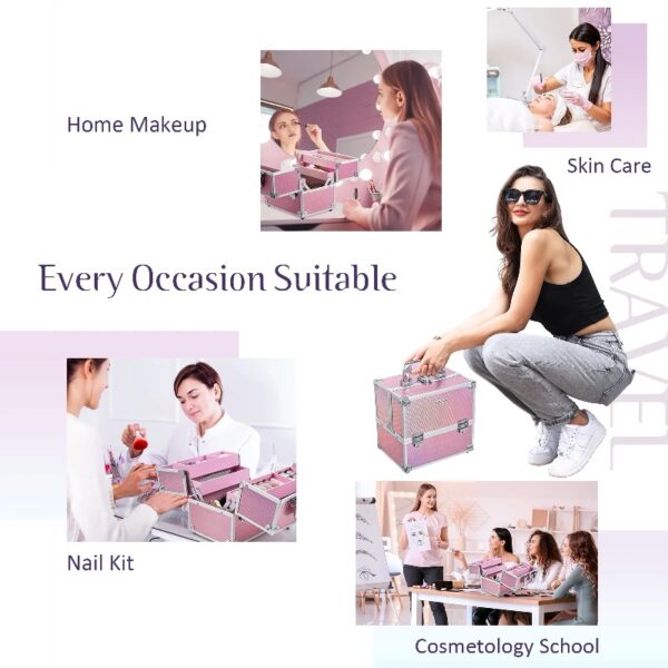 4 Trays Makeup Train Case Cosmetic Storage with Dividers Lockable Jewelry Makeup Box Organizer Pink