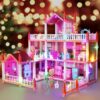 DollHouse with Colorful Light, Pretend Play Toddler Doll House Furniture Sets with 3 Dolls, 9 Rooms DIY , Creative Gift for Girls