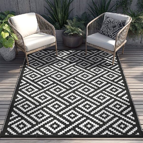 6'x9' Outdoor Rugs Patio Waterproof Outside Mat Reversible Plastic Camping Carpet,Black & Grey