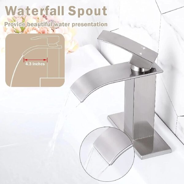 Brushed Nickel Waterfall Bathroom Faucet Lavatory Single Handle 1 or 3 Hole Bathroom Sink Faucet Washbasin Faucet with Deck and Pop-up Drain
