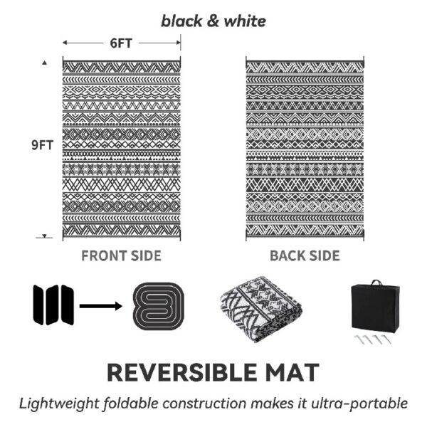 Outdoor Rug 6'x9' Waterproof Reversible Patio Rug Boho Geometric Indoor Outdoor Rugs Lightweight Plastic Straw Ourdoor Carpet for RV Camping Deck Balcony Modern Porch Decor Black and White