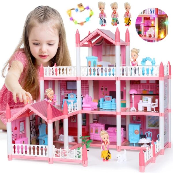 DollHouse with Colorful Light, Pretend Play Toddler Doll House Furniture Sets with 3 Dolls, 9 Rooms DIY , Creative Gift for Girls