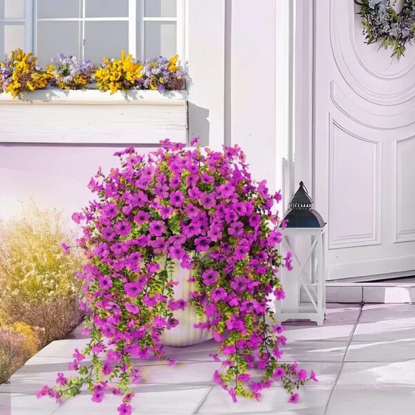 4PCS Artificial Flowers outdoor Spring Summer Decor Fake Hanging Plants UV Resistant Faux Plastic Greenery Hanging Flowers for Outside Gardens Porch Wall Home Indoor,ORANGE&YELLOW
