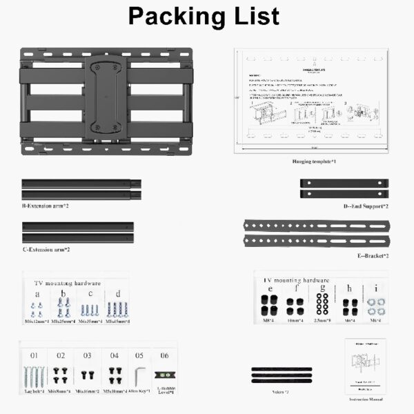 Full Motion TV Wall Mount for 47-90 inch TVs Swivels Tilts Extension Rotation Holds up to 132lbs Max VESA 600x400mm, Fit 16