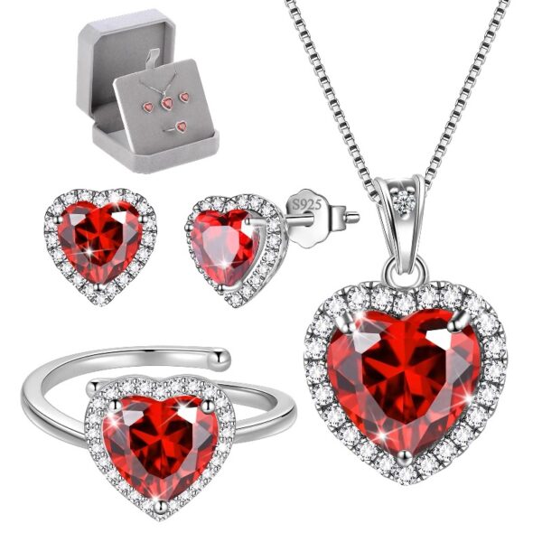 Women Heart Jewelry Set Necklace Earrings Ring 925 Sterling Silver February Birthstone Amethyst Wife Mother Birthday Valentine's Day Gift