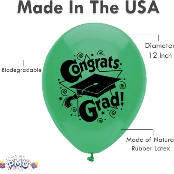 PMU Graduation Balloons 11 Inch PartyTex Premium Emerald Green with All-Over Print White Grad Caps-Confetti and Streamers Pkg/100
