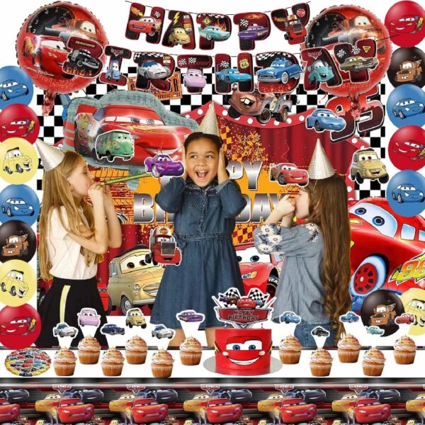 Guvpev Lightning Mcqueen Birthday Decorations, Cartoon Cars Theme Party Supplies Include Birthday Banner, Hanging Swirls, Cake Toppers, Latex Balloons, Foil Balloons, Backdrop, Tablecloth, Stickers