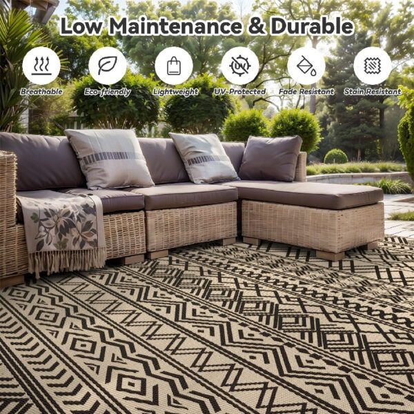 Outdoor Rug 6'x9' Waterproof Reversible Patio Rug Boho Geometric Indoor Outdoor Rugs Lightweight Plastic Straw Ourdoor Carpet for RV Camping Deck Balcony Modern Porch Decor Black and White