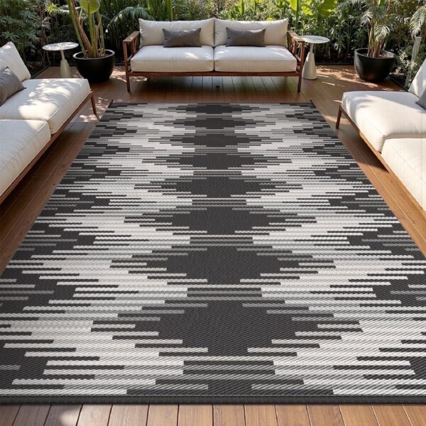 Outdoor Rug 6'x9' Waterproof Patio Rug Reversible Indoor Outdoor Rug Lightweight Plastic Straw Rug for RV Camping Deck Balcony Boho Porch Decor Dark Grey and White